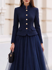 Tweed Stand‑Collar Peplum Jacket And Tulle Midi Skirt Two‑Piece Set