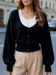 Women's Cropped V-Neck Knit Cardigan with Button Front