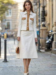 Contrast Trim Pocket Leather Jacket & Midi Skirt Tailored Set