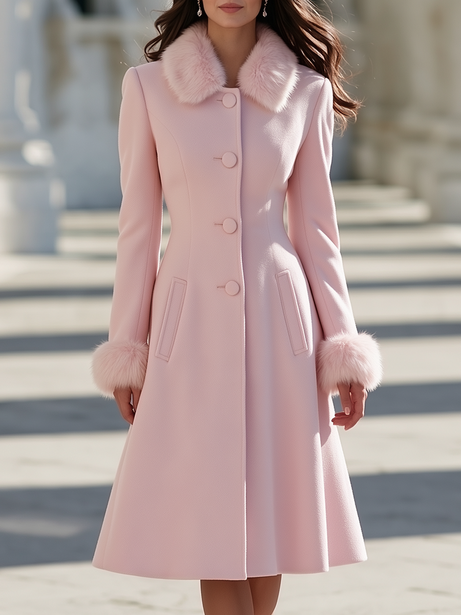 Elegant Removable Faux Fur Trim Wool Blend Coat
