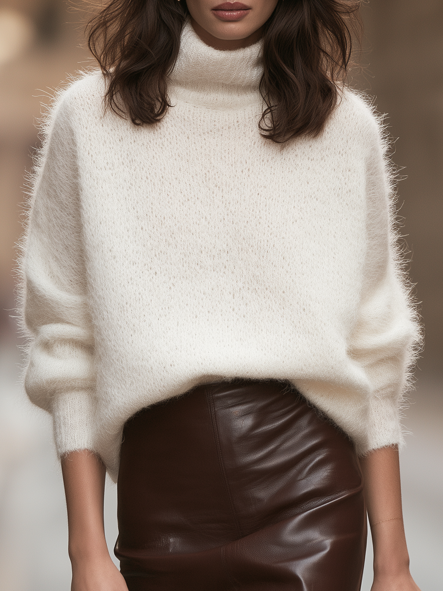 Turtleneck Fuzzy Knit Oversized Dolman Sweater