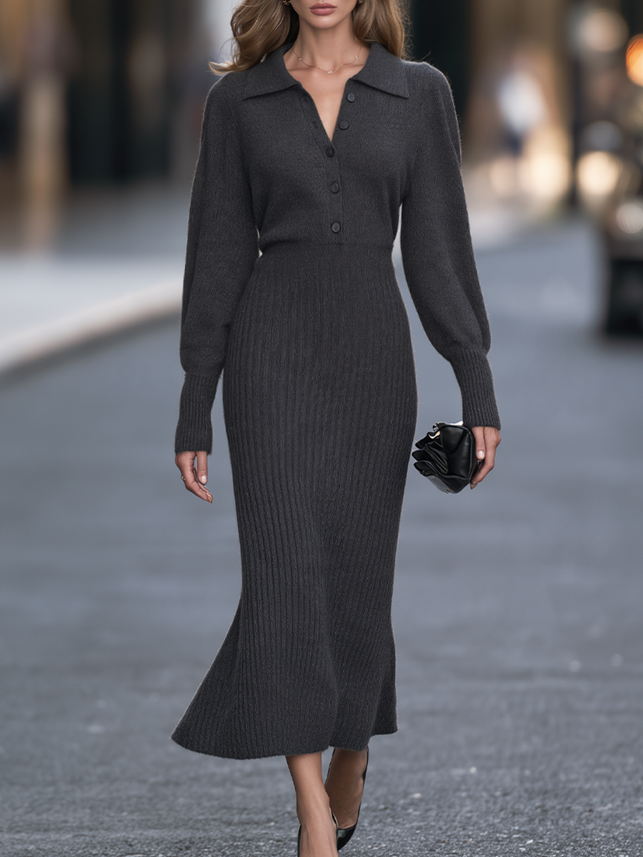 Collared Button-Placket Ribbed Knit Maxi Dress