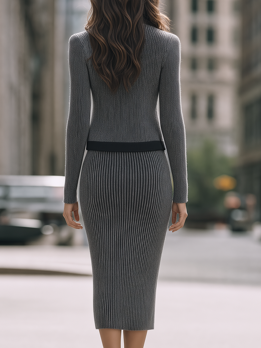 Grey Black Vertical Stripe Knit Two-Piece Midi Dress Set