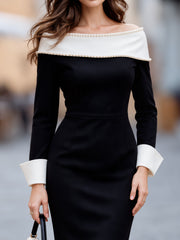 Pearl Trim Contrast Off-Shoulder Sheath Dress