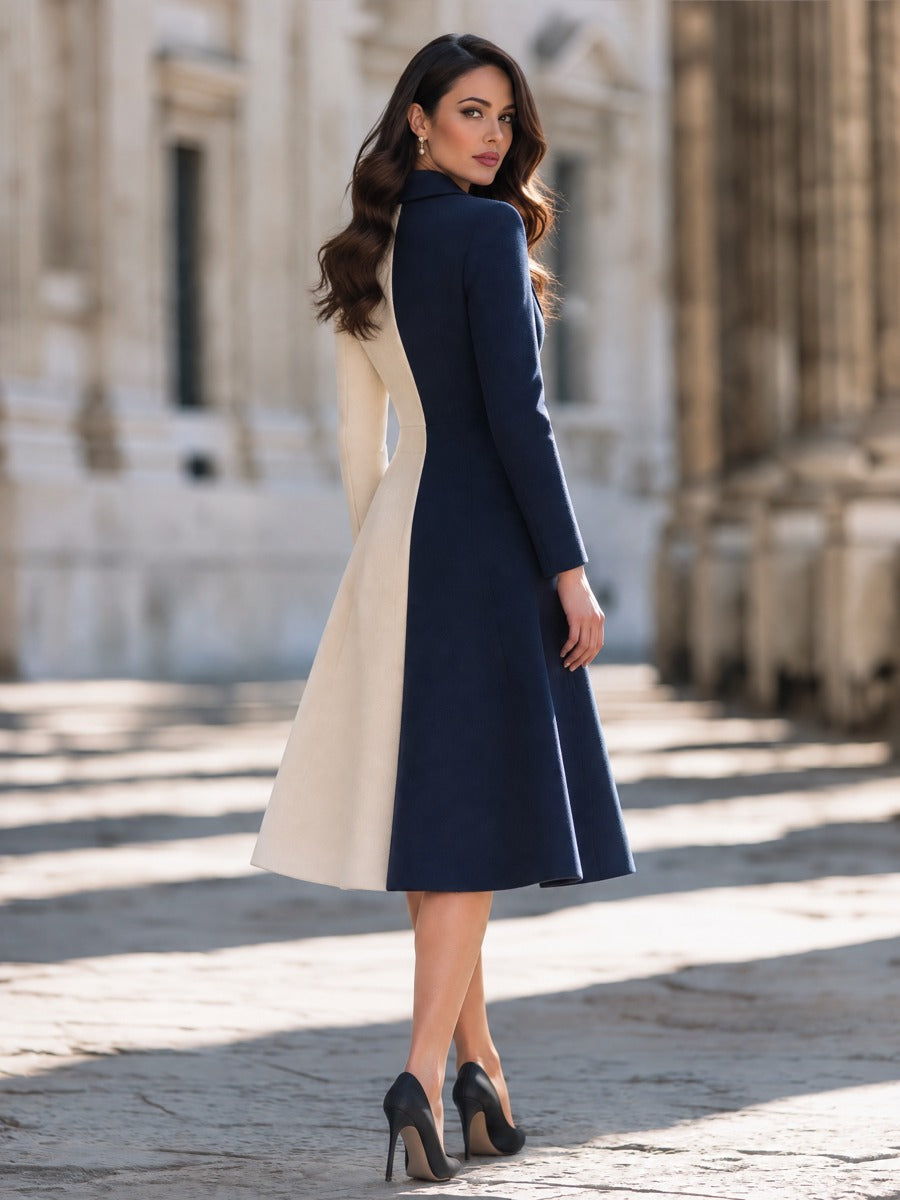 Elegant Color Block Double-Breasted Wool Blend Midi Coat Dress