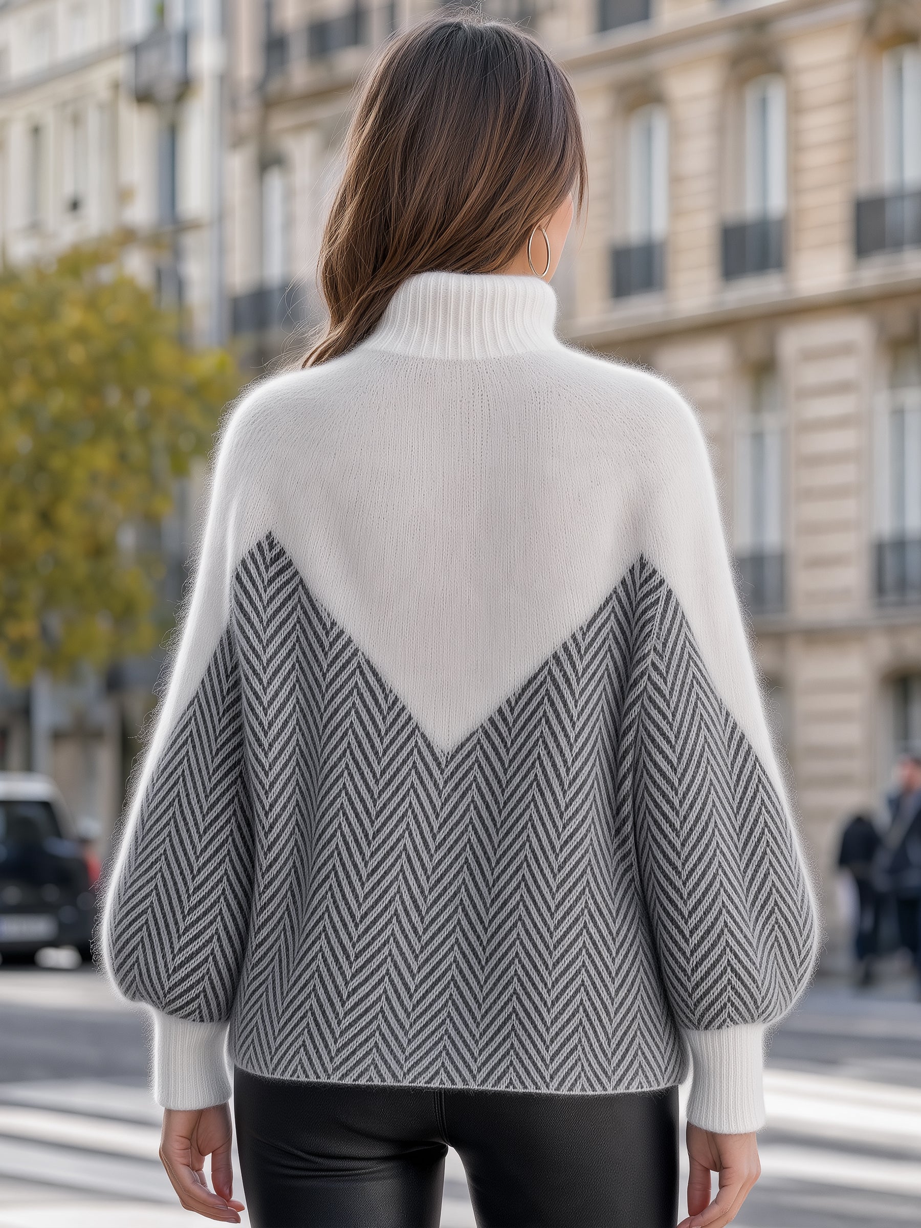 Chevron Color-Block Turtleneck Knit Sweater