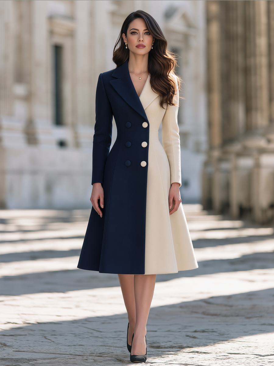 Elegant Color Block Double-Breasted Wool Blend Midi Coat Dress