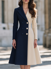 Elegant Color Block Double-Breasted Wool Blend Midi Coat Dress