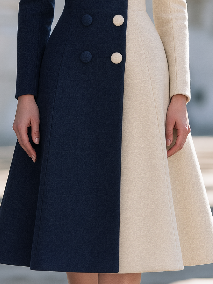 Elegant Color Block Double-Breasted Wool Blend Midi Coat Dress
