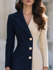 Elegant Color Block Double-Breasted Wool Blend Midi Coat Dress