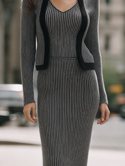 Grey Black Vertical Stripe Knit Two-Piece Midi Dress Set