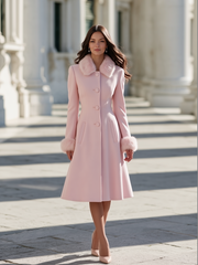 Elegant Removable Faux Fur Trim Wool Blend Coat
