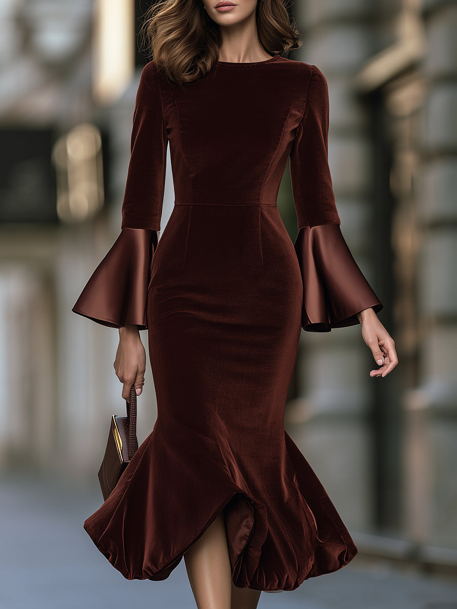 Velvet Mermaid Midi Dress With Satin Bell Cuffs