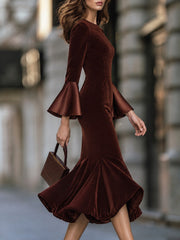 Velvet Mermaid Midi Dress With Satin Bell Cuffs