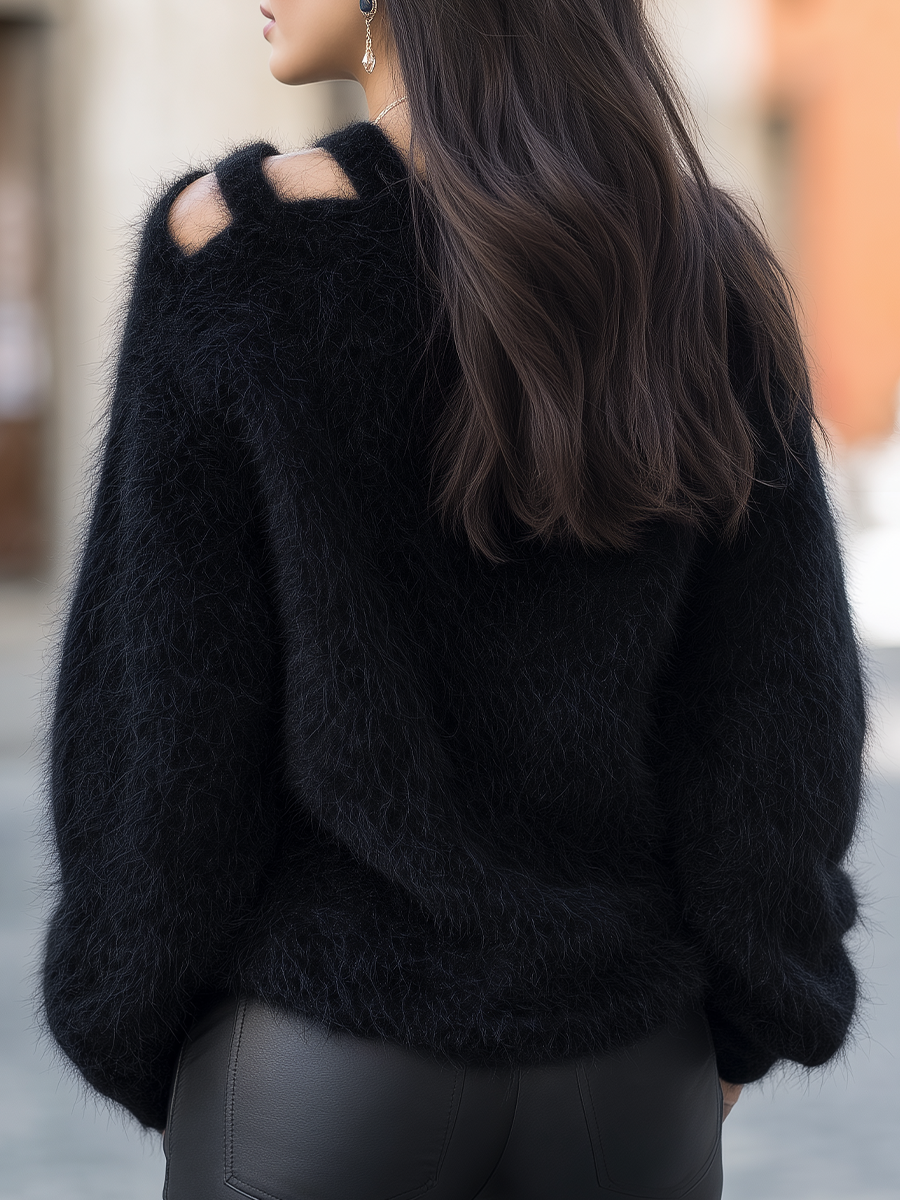 Black Fuzzy Cutout V-Neck Oversized Sweater