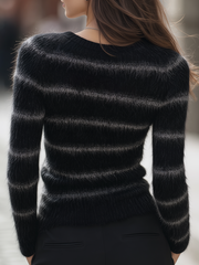 Black Fuzzy V-Neck Fitted Knit Sweater