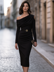 Asymmetric Draped One-Shoulder Midi Dress