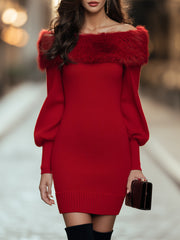 Faux Fur Collar Lantern Sleeve Knit Sweater Dress