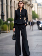 Stand Collar Peplum Jacket & Wide-Leg Pants Tailored Set