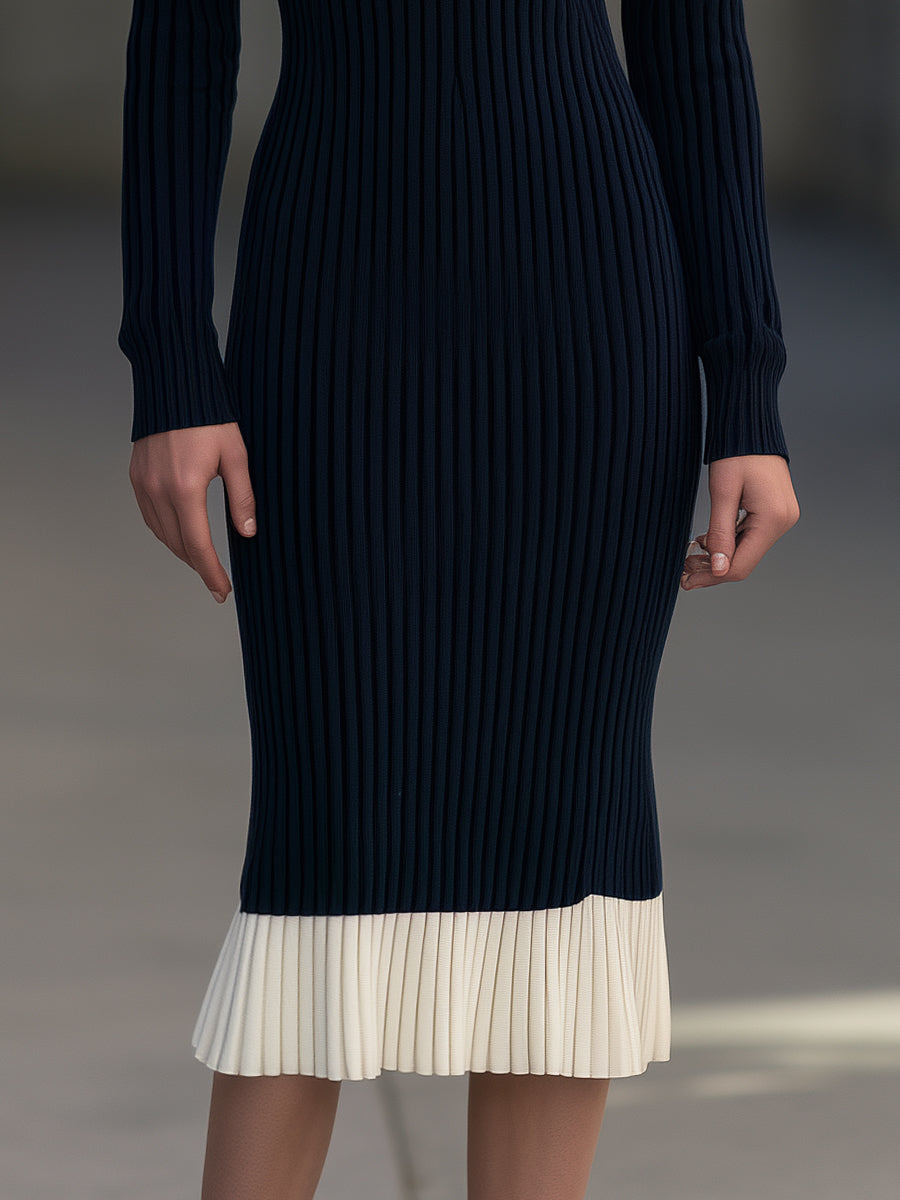 Contrast Collar Ribbed-Knit Midi Dress