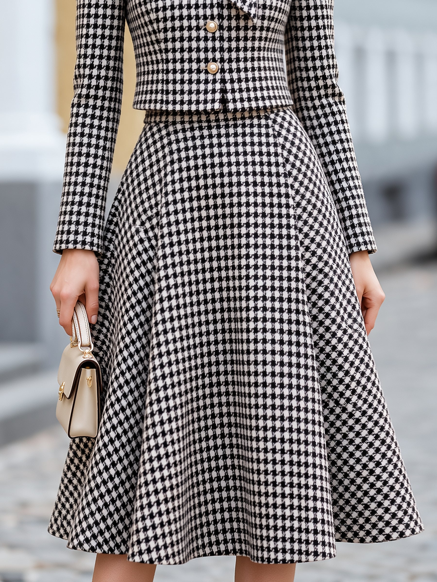 Houndstooth Bow Neck Jacket And A-Line Midi Skirt Set
