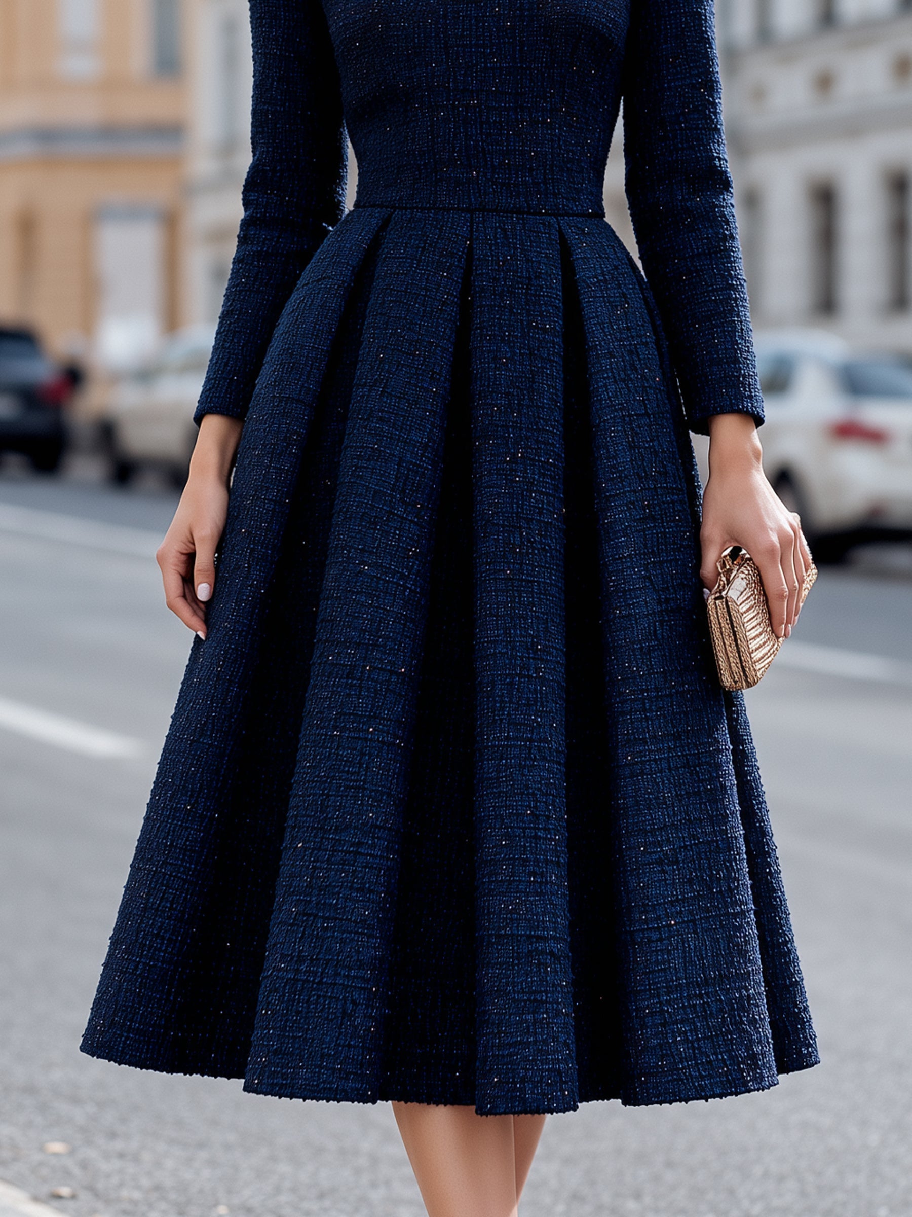 Textured Tweed Pleated A-Line Midi Dress