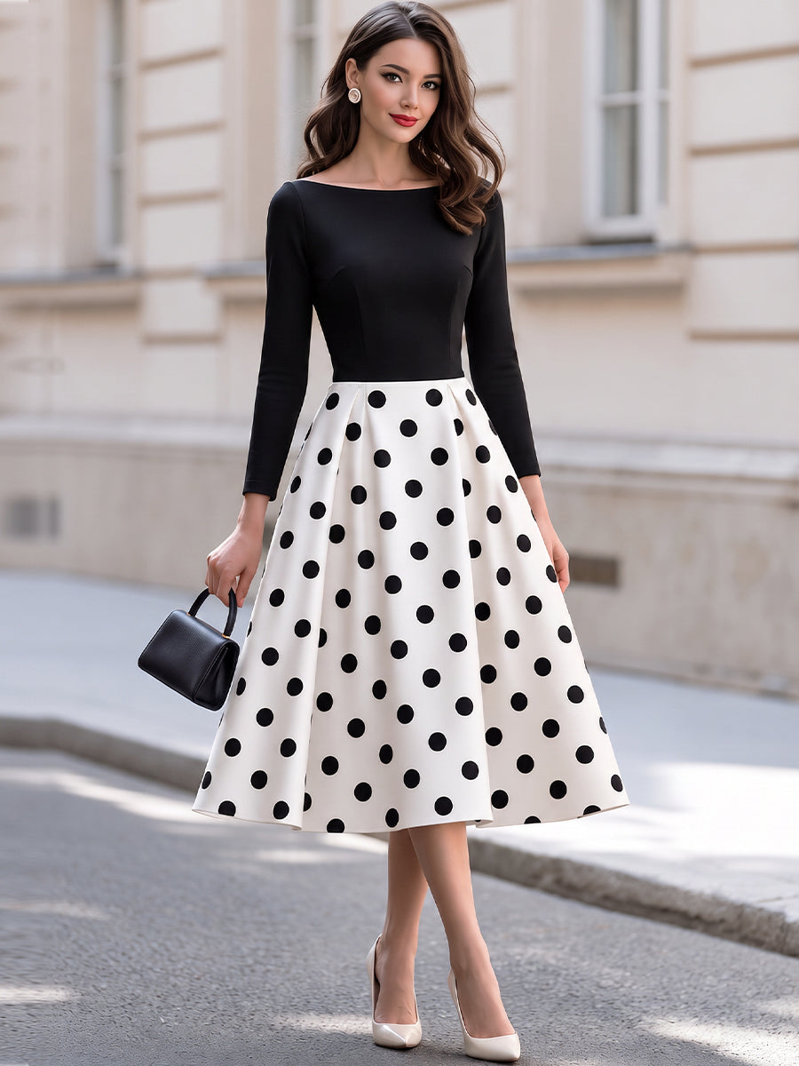 Bateau Neck Long Sleeve Color Block Polka Dot Print Fit And Flare Midi Dress