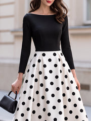 Bateau Neck Long Sleeve Color Block Polka Dot Print Fit And Flare Midi Dress