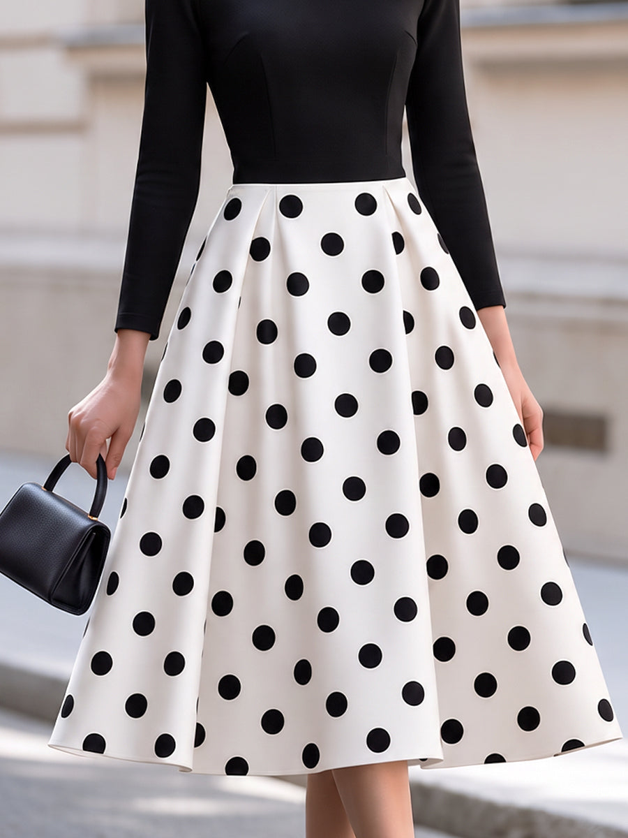Bateau Neck Long Sleeve Color Block Polka Dot Print Fit And Flare Midi Dress