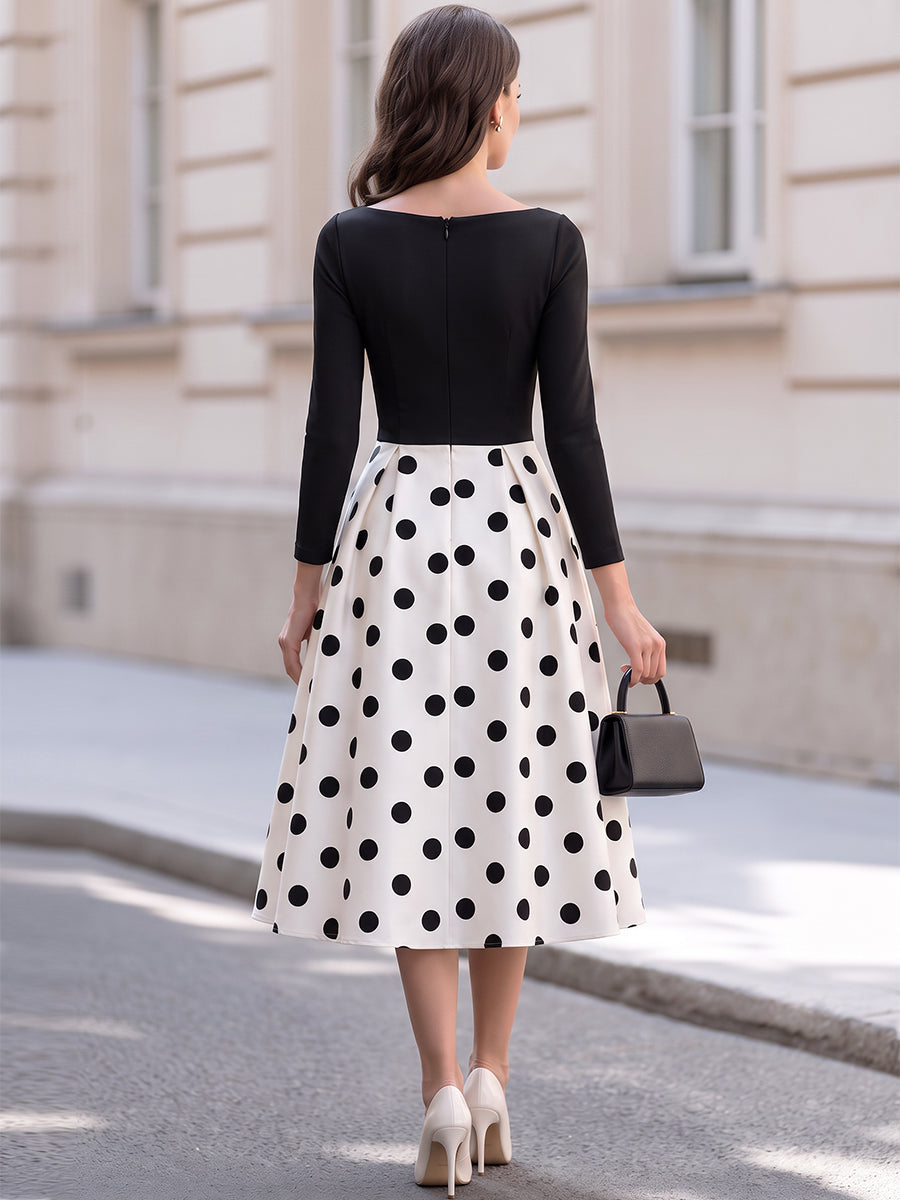 Bateau Neck Long Sleeve Color Block Polka Dot Print Fit And Flare Midi Dress