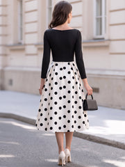 Bateau Neck Long Sleeve Color Block Polka Dot Print Fit And Flare Midi Dress