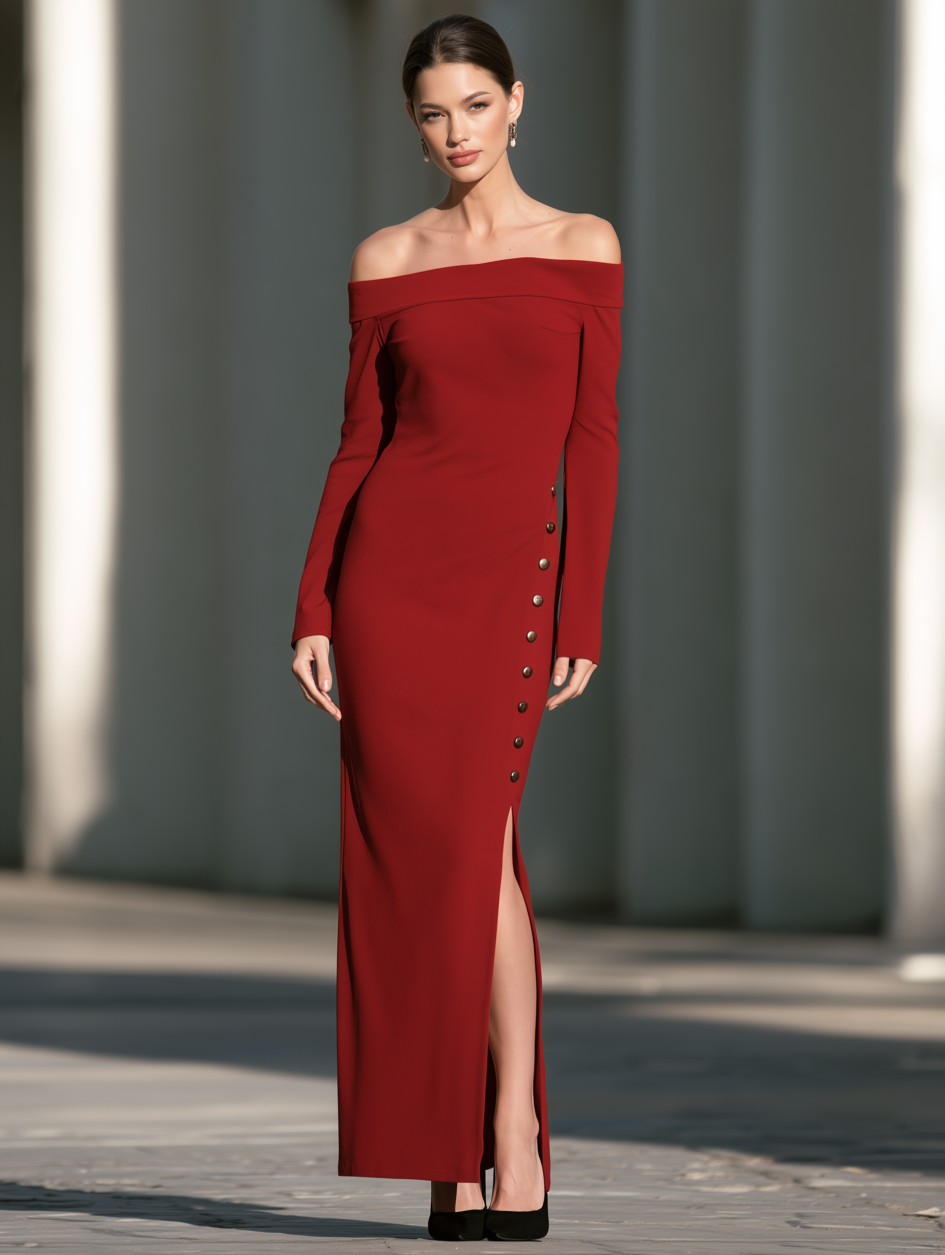Women's Red Off-the-Shoulder Long Sleeve Maxi Dress with Button Detail and Side Slit