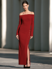 Women's Red Off-the-Shoulder Long Sleeve Maxi Dress with Button Detail and Side Slit