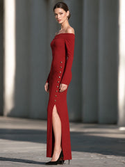 Women's Red Off-the-Shoulder Long Sleeve Maxi Dress with Button Detail and Side Slit