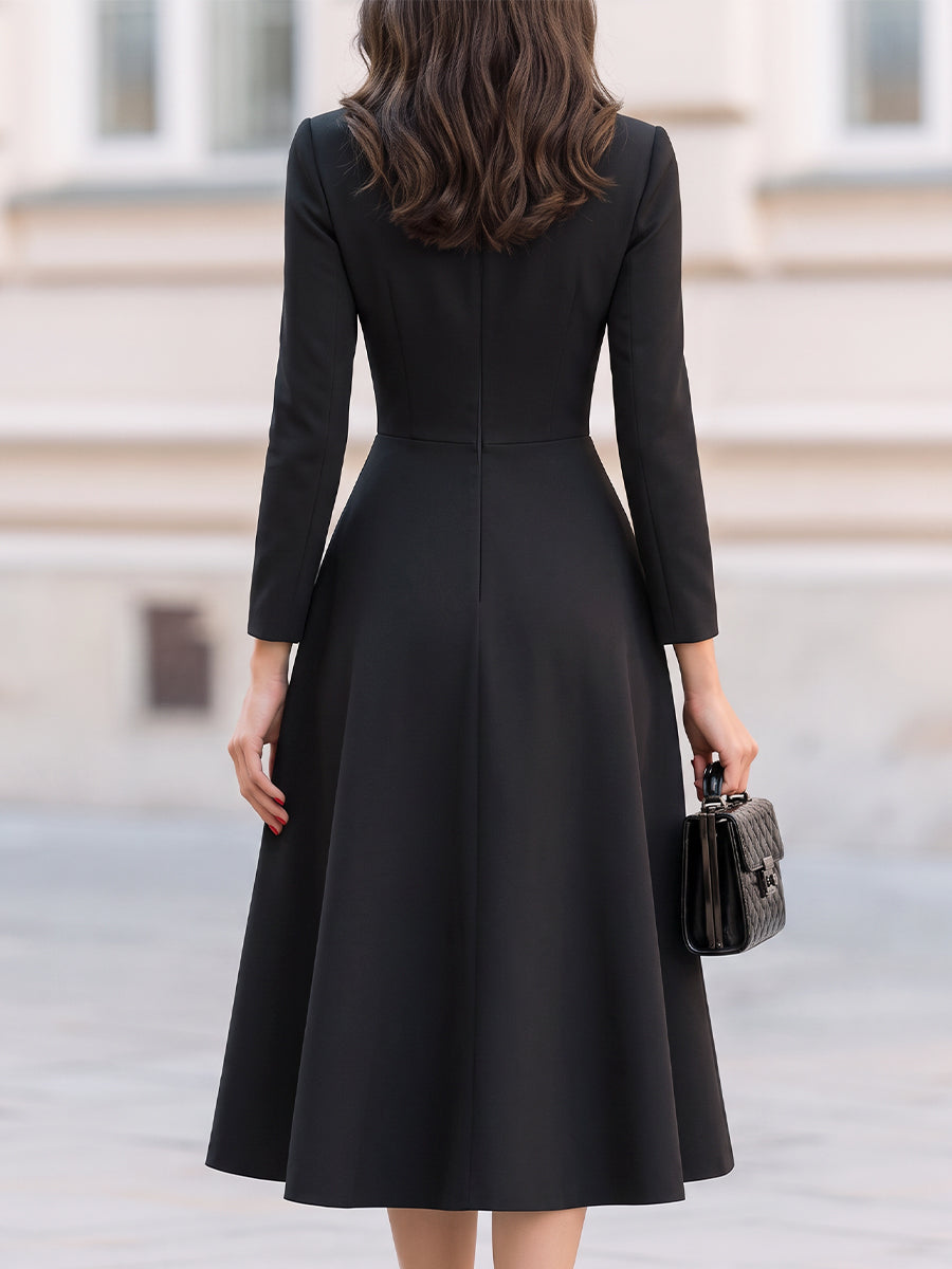 Keyhole Neck Long Sleeve Pleated Fit And Flare Midi Dress