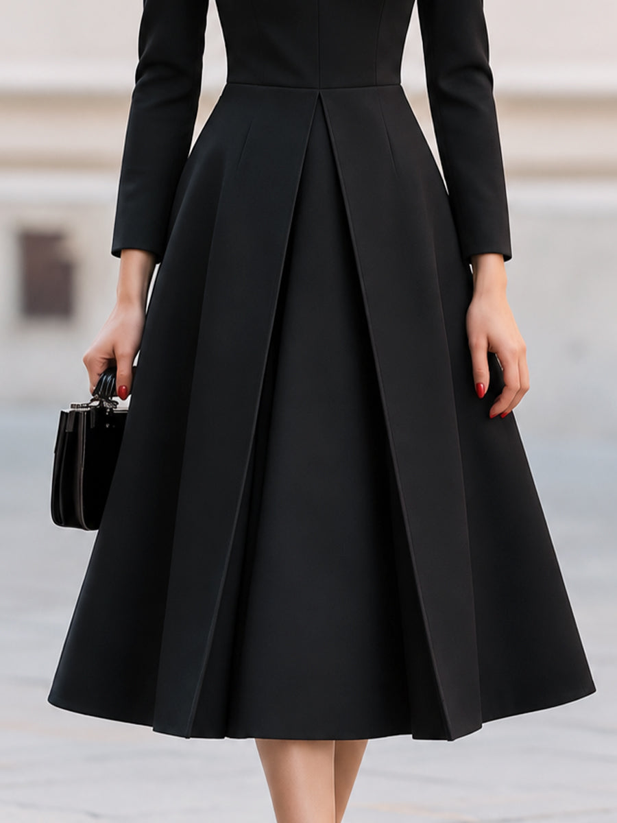 Keyhole Neck Long Sleeve Pleated Fit And Flare Midi Dress