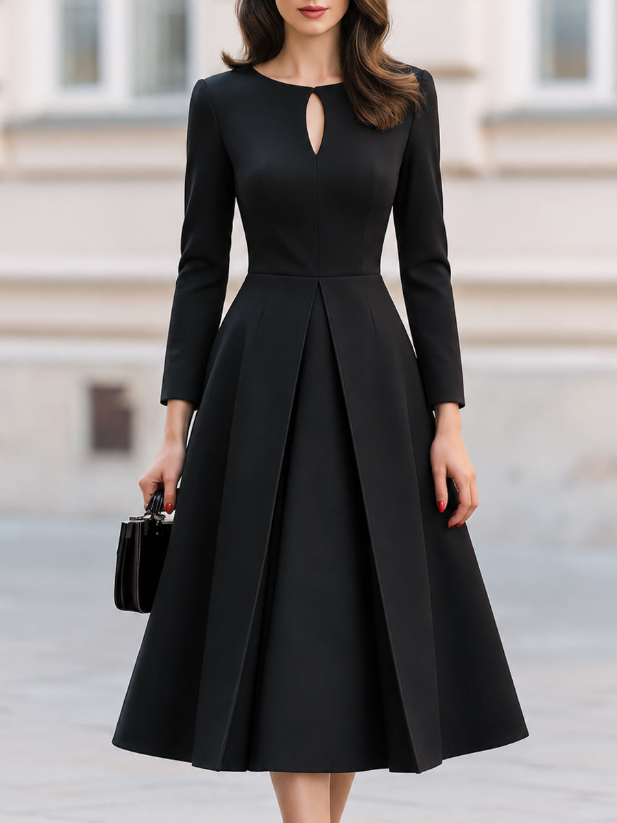 Keyhole Neck Long Sleeve Pleated Fit And Flare Midi Dress