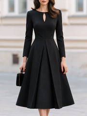 Keyhole Neck Long Sleeve Pleated Fit And Flare Midi Dress