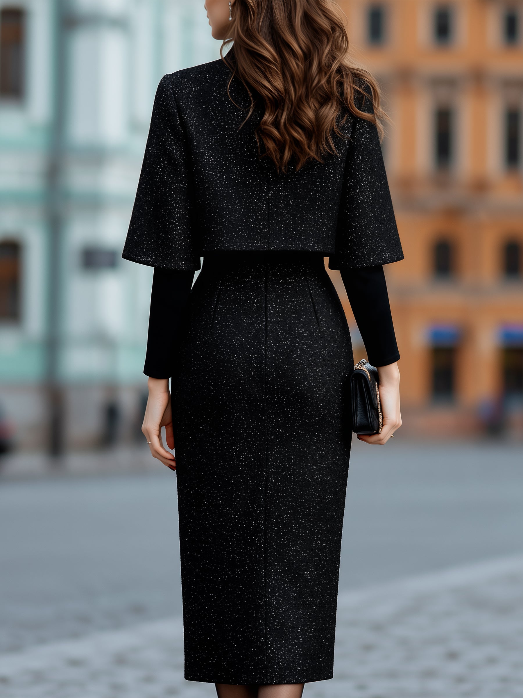 Sparkle Cape And Long Sleeve Midi Dress Two Piece Set