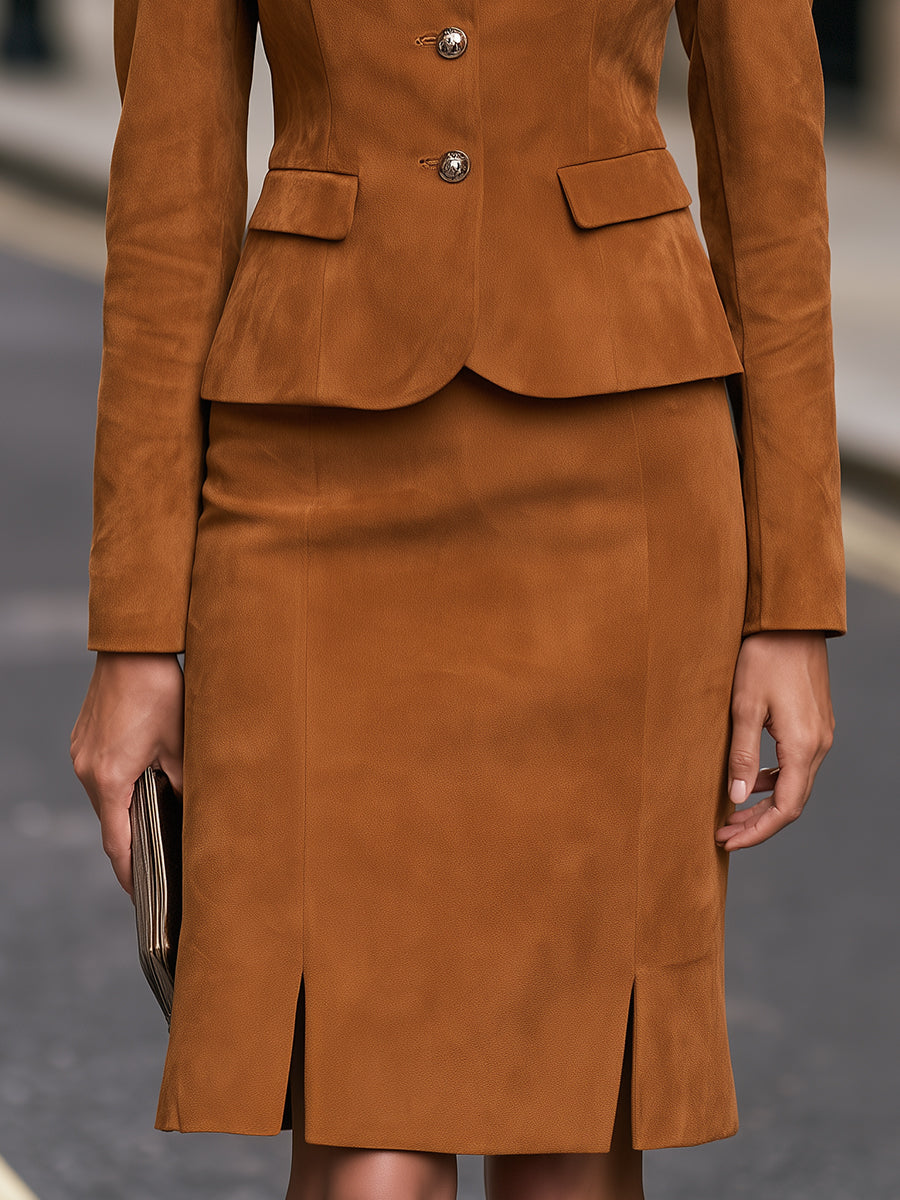 Faux Suede Jacket And Pencil Skirt Set
