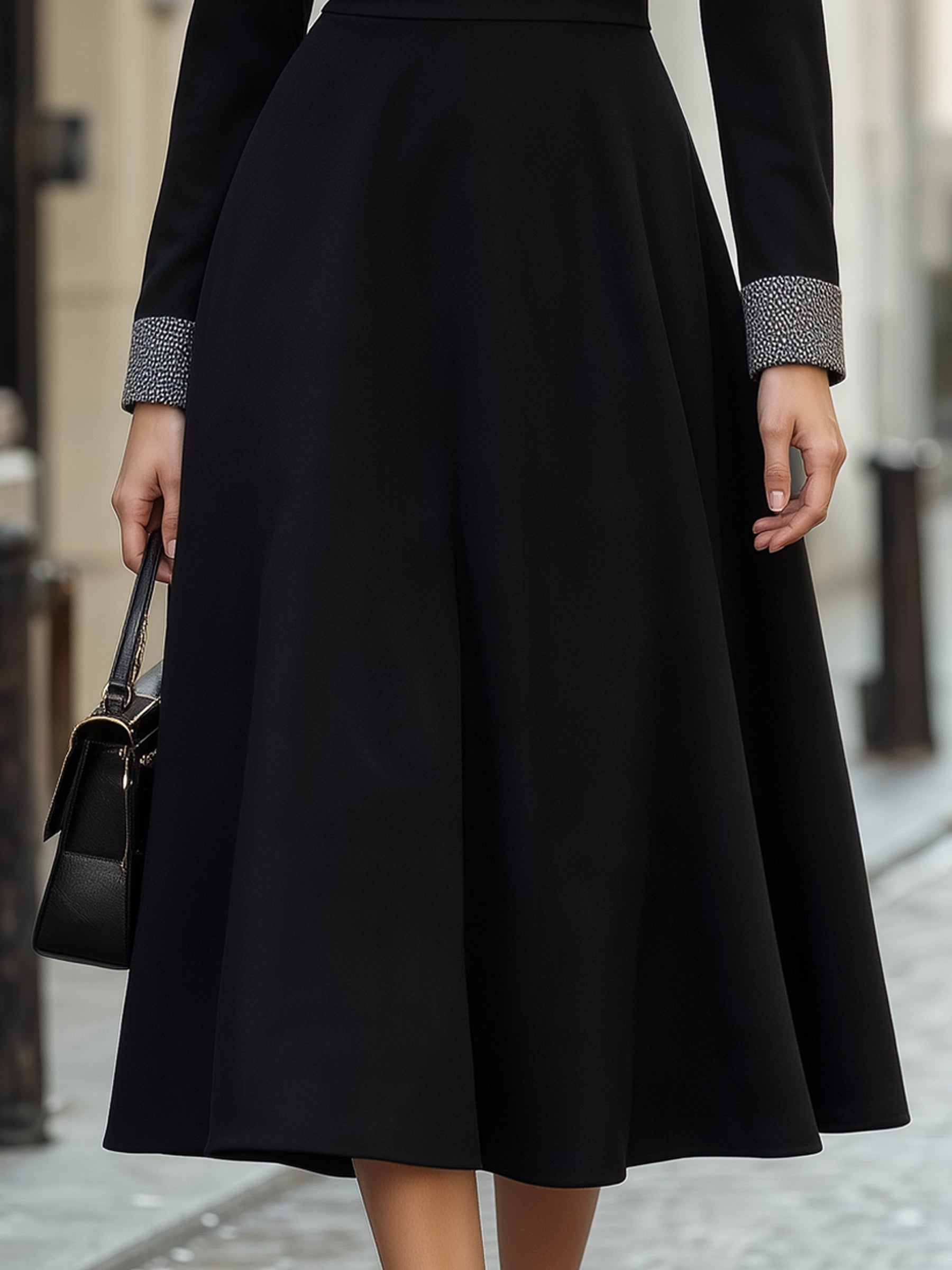 Contrast Lapel Flared Midi Dress