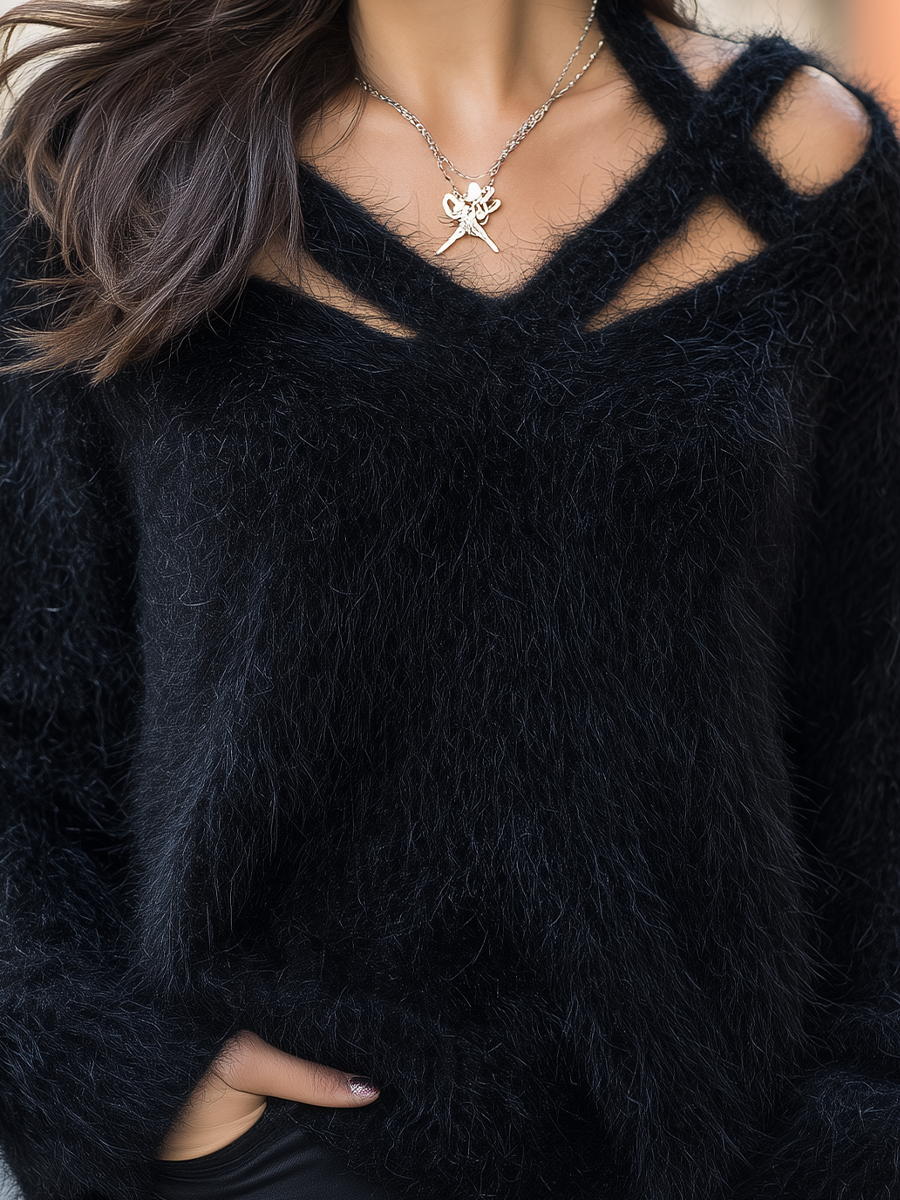 Black Fuzzy Cutout V-Neck Oversized Sweater