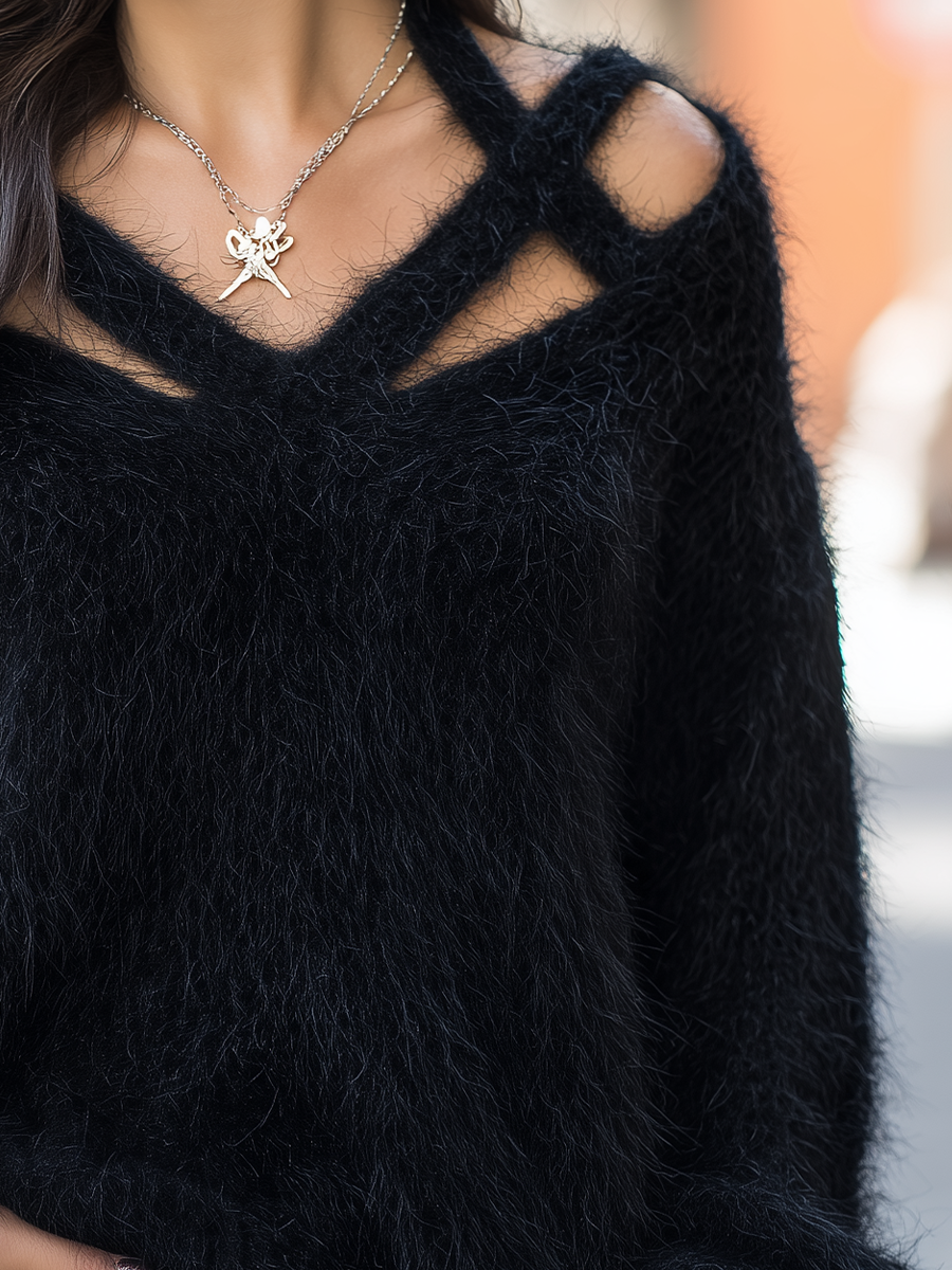 Black Fuzzy Cutout V-Neck Oversized Sweater
