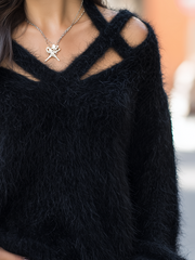 Black Fuzzy Cutout V-Neck Oversized Sweater