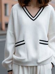 Contrast Trim V-Neck Ribbed Knit Sweater