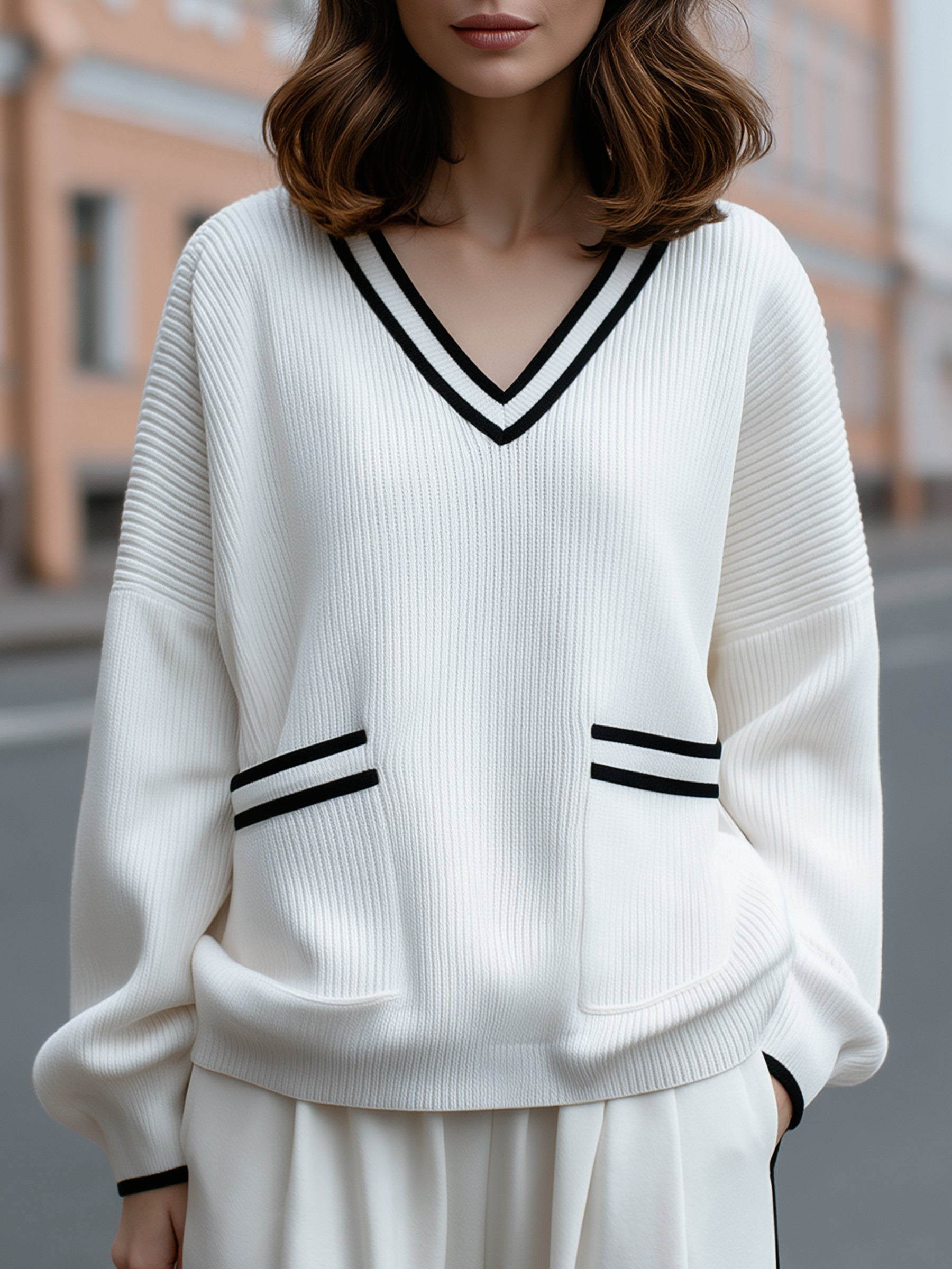Contrast Trim V-Neck Ribbed Knit Sweater