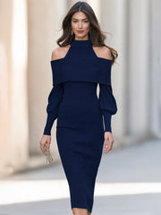 Navy Ribbed Knit Off Shoulder Halter Midi Dress