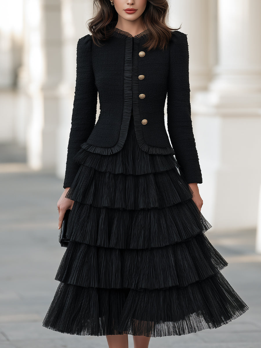 Textured Jacket And Tiered Pleated Midi Skirt Set
