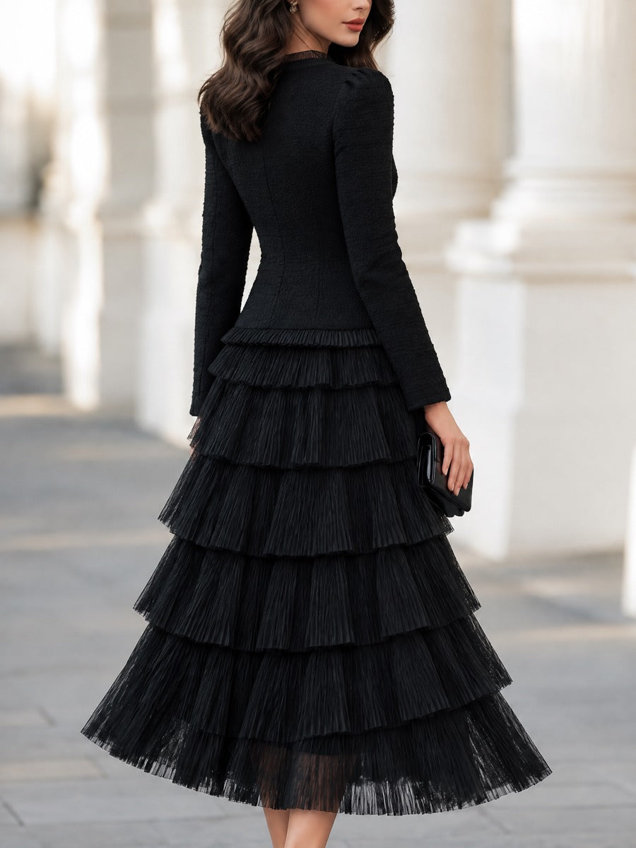 Textured Jacket And Tiered Pleated Midi Skirt Set
