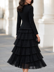 Textured Jacket And Tiered Pleated Midi Skirt Set